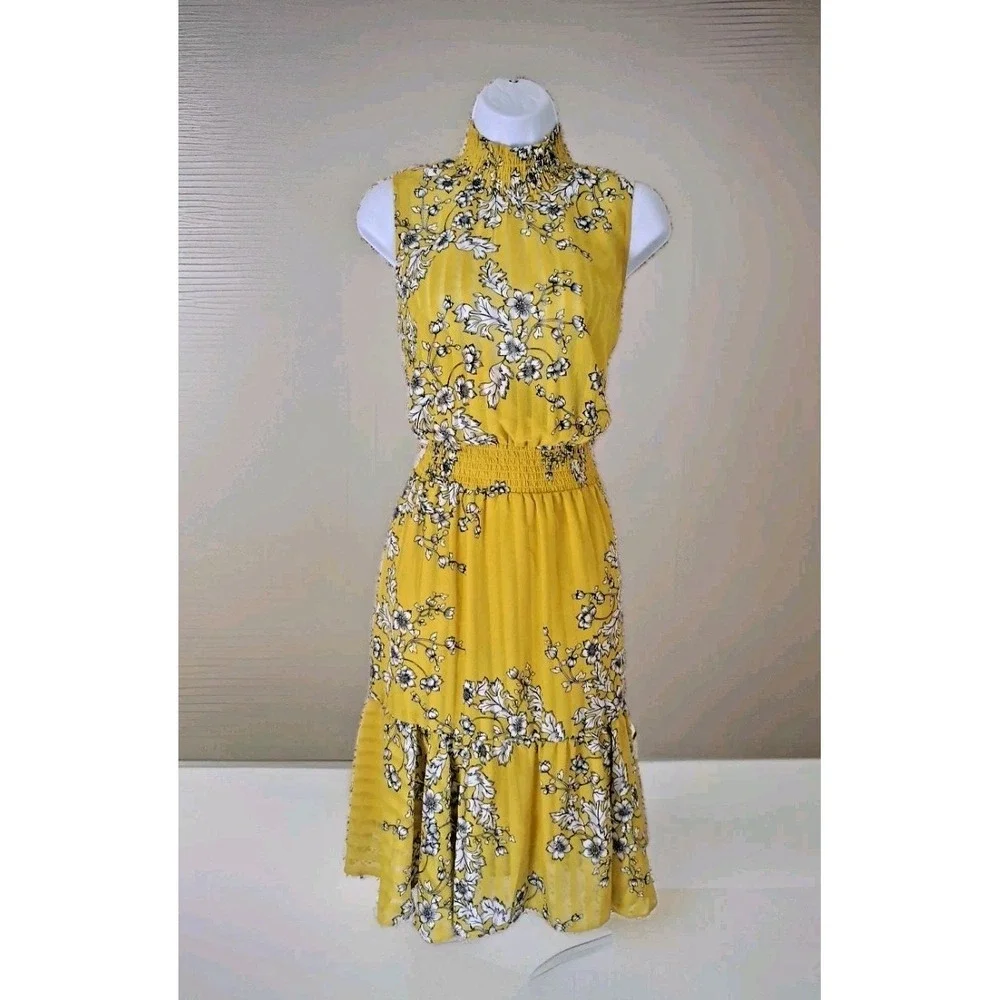 Nanette‎ Lepore 2-In-1 Dress 8 Gold Floral Matching Solid Sheath Smocked Detail